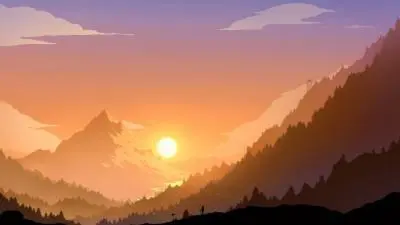 A serene sunset casts warm hues over mountains and valleys, creating a tranquil atmosphere.