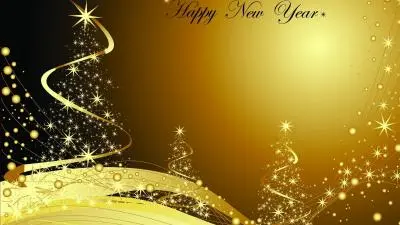 A golden New Year's celebration scene with sparkling trees and festive text.