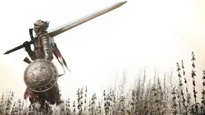 A lone armored warrior stands in a desolate landscape, wielding a sword and shield against a pale sky.