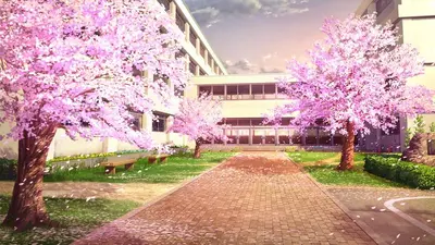 A serene courtyard lined with blooming cherry trees and a cobblestone path under a pastel sky.