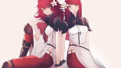 Two anime characters with red hair, dressed in white and red outfits, exuding a serene mood.