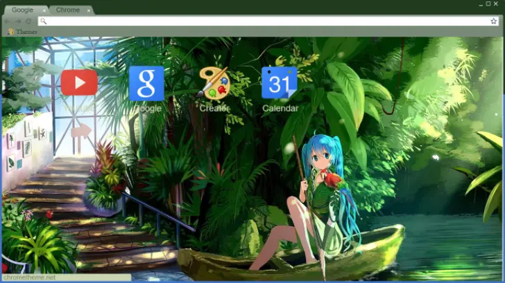 A serene tropical scene with vibrant greenery and a girl with blue hair sitting in a boat.