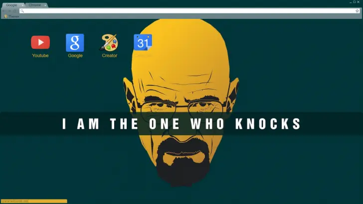 A bold graphic of a man with a yellow head and dark background, featuring the text "I AM THE ONE WHO KNOCKS."
