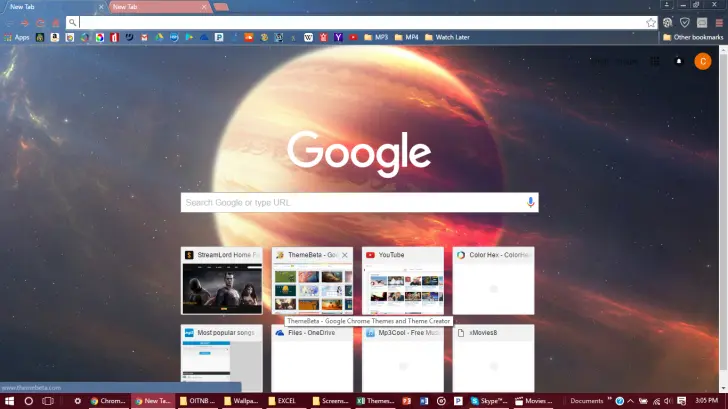 A vibrant, cosmic background with a Google search bar and colorful browser tabs at the top.