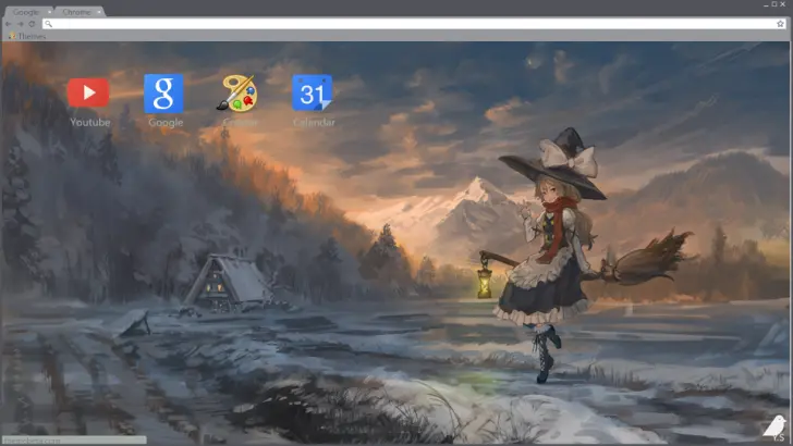 A whimsical witch with a lantern walks on snow, framed by a serene, wintry landscape.