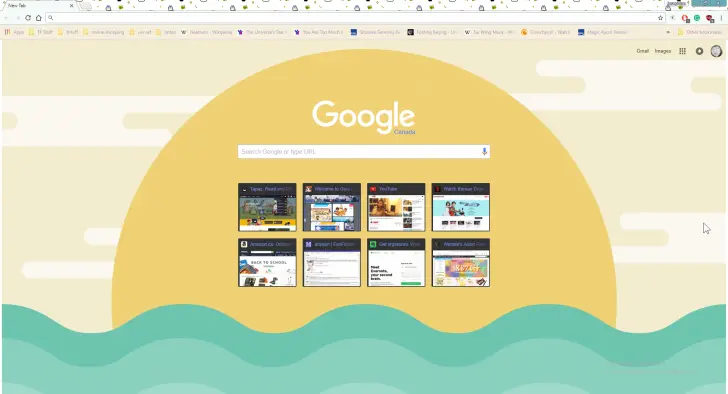 A sunny, yellow background with green waves and a Google search bar at the center.