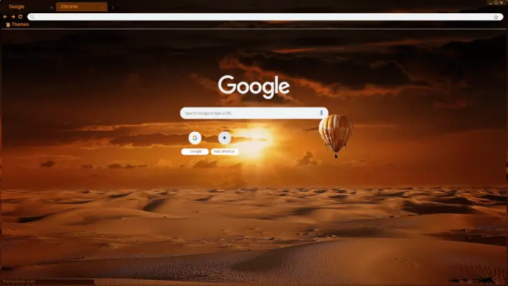 A serene sunset over sand dunes, with a hot air balloon silhouetted against warm orange hues.