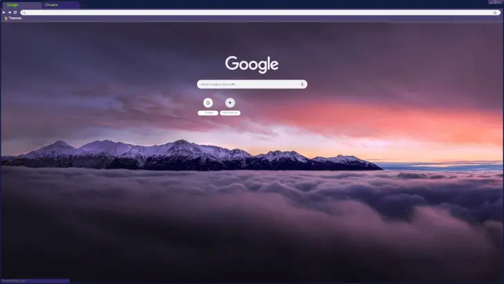 A serene landscape of snow-capped mountains above soft clouds, illuminated by a pastel sunset.