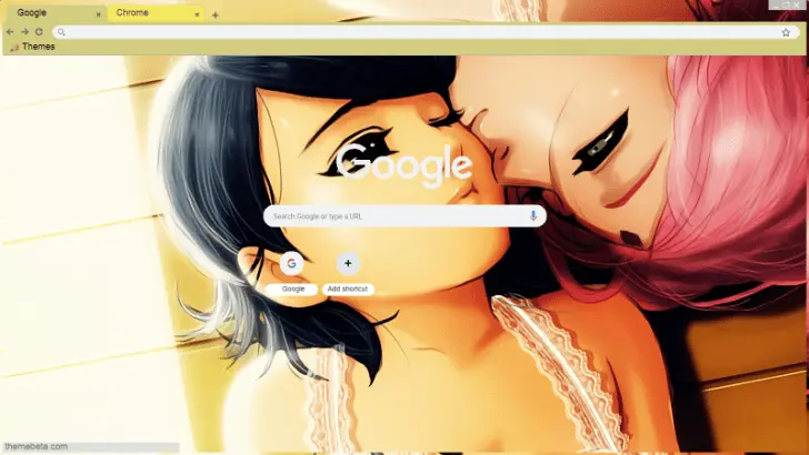 A vibrant, intimate illustration of two characters with colorful hair, set against a warm background.