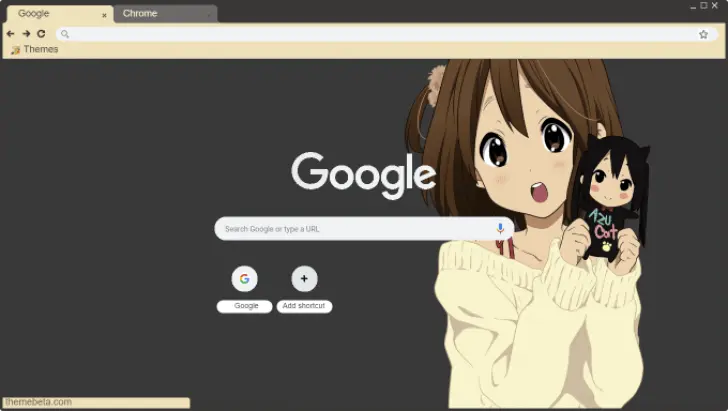 A cheerful anime character with brown hair holds a black cat plushie against a dark gray background.