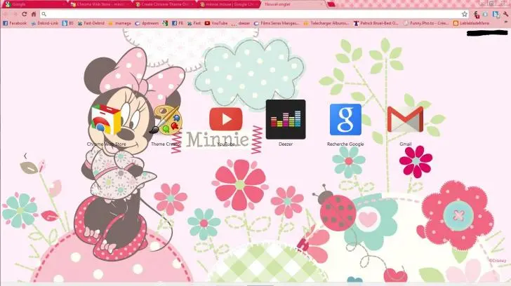 A pastel pink background featuring Minnie Mouse with flowers and playful icons, creating a cheerful mood.