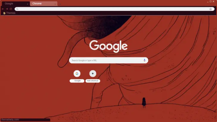 A minimalist red-themed Google homepage with a large, abstract illustration and a silhouette.