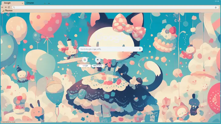 A cute cat character in a frilly dress surrounded by colorful balloons and whimsical desserts.
