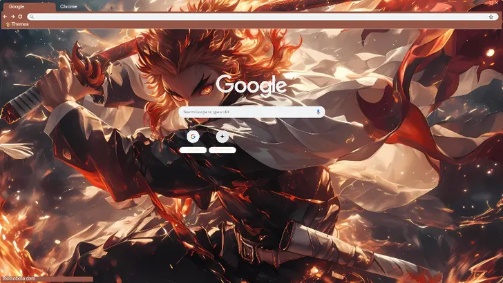 A fierce warrior with fiery hair wields a sword amidst swirling flames and dark, smoky hues.