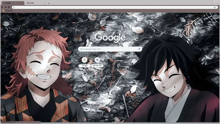 Two smiling anime characters lie on a forest floor covered with leaves, in a serene, muted color palette.