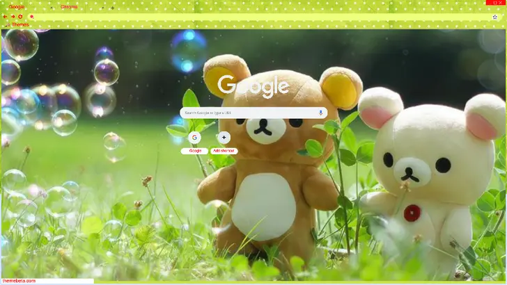 Two cute teddy bears surrounded by green grass and colorful bubbles in a sunny outdoor setting.