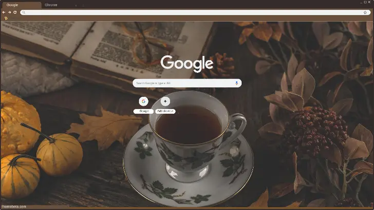 A cozy autumn scene featuring a teacup, leaves, pumpkins, and an open book.