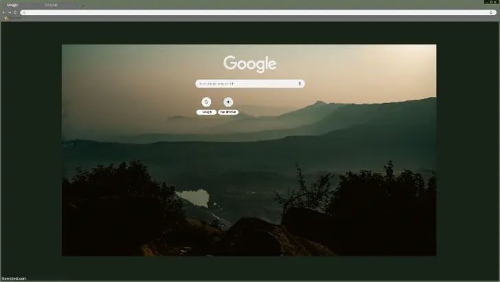 A serene landscape at dusk, featuring layered mountains shrouded in mist and soft, muted colors.