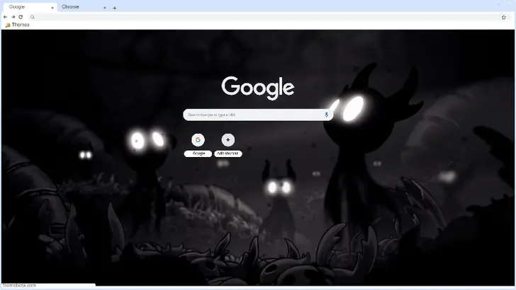 Dark, eerie scene featuring shadowy figures with glowing eyes amidst a haunting, desolate landscape.