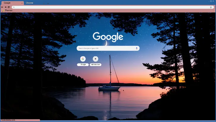 A serene twilight scene with a crescent moon over a calm lake, framed by silhouetted trees.