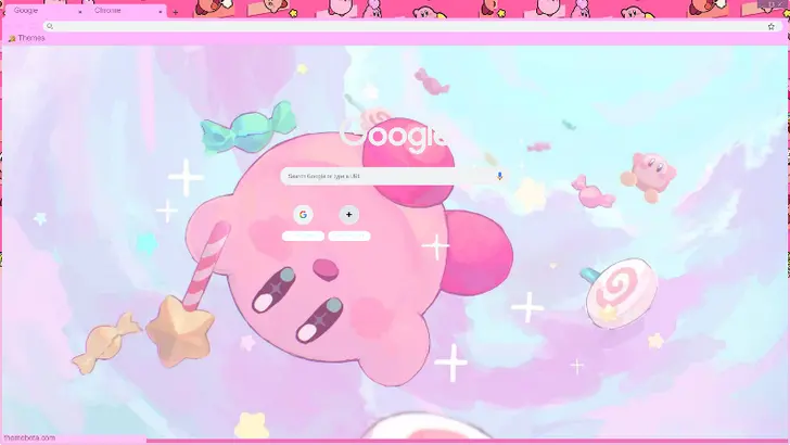 A pink, cheerful character floats amidst pastel swirls and colorful candies, evoking a whimsical mood.