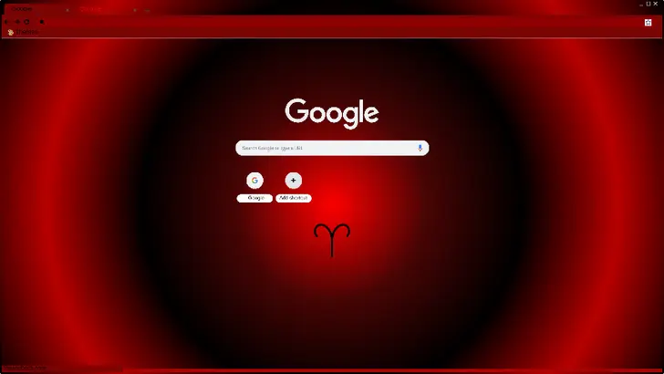 A dark red gradient background with a subtle Aries symbol at the center.