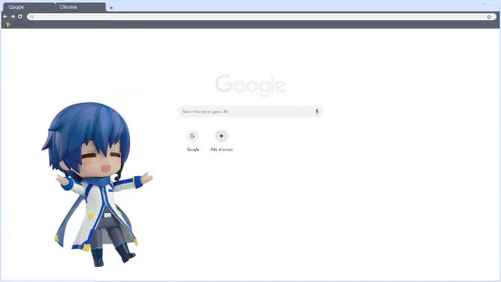 A cheerful blue-haired figure with a white coat and scarf, arms outstretched in joy.