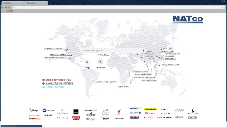 A world map highlighting sales and manufacturing locations with blue and red markers.