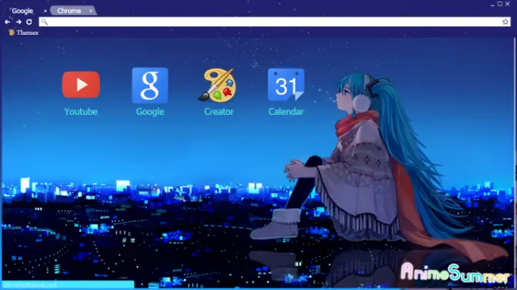 A girl with long turquoise hair sits against a night city skyline, evoking a serene, contemplative mood.