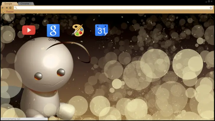A cute, white character with a simplistic design against a warm, bokeh background in soft gold tones.